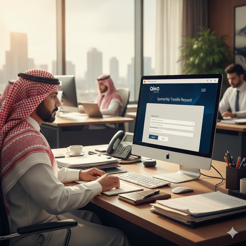 Current employer reviewing a sponsorship transfer request in Qiwa.