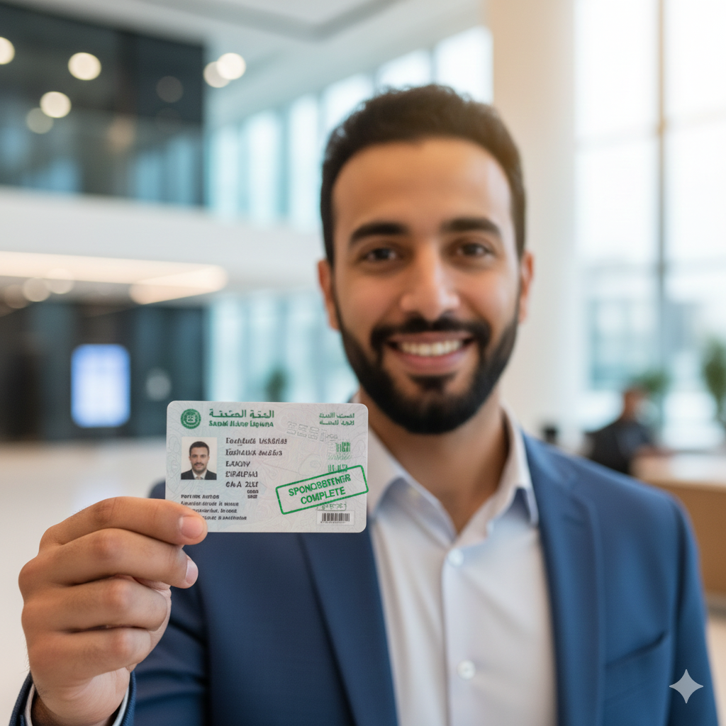Expat worker holding his updated Iqama after changing sponsor.