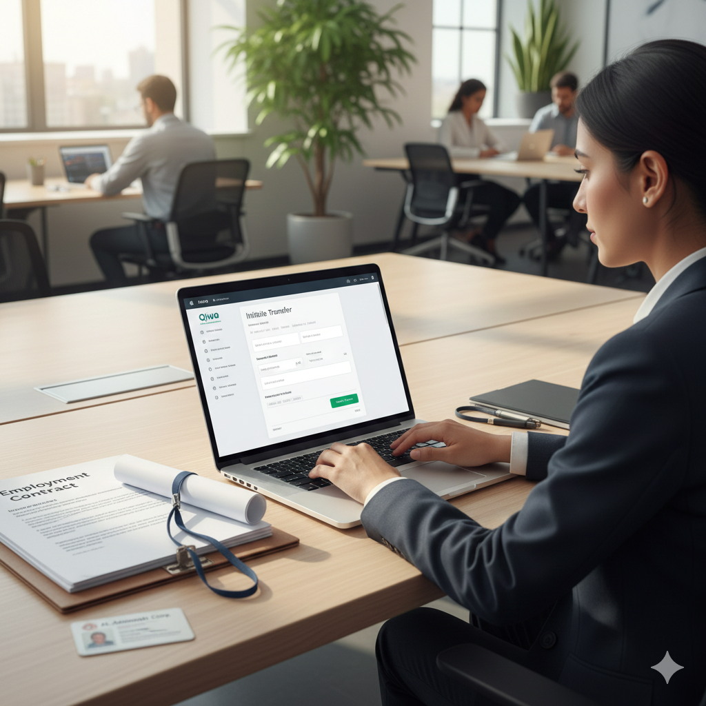 HR officer sending a new job offer to change sponsorship through Qiwa.