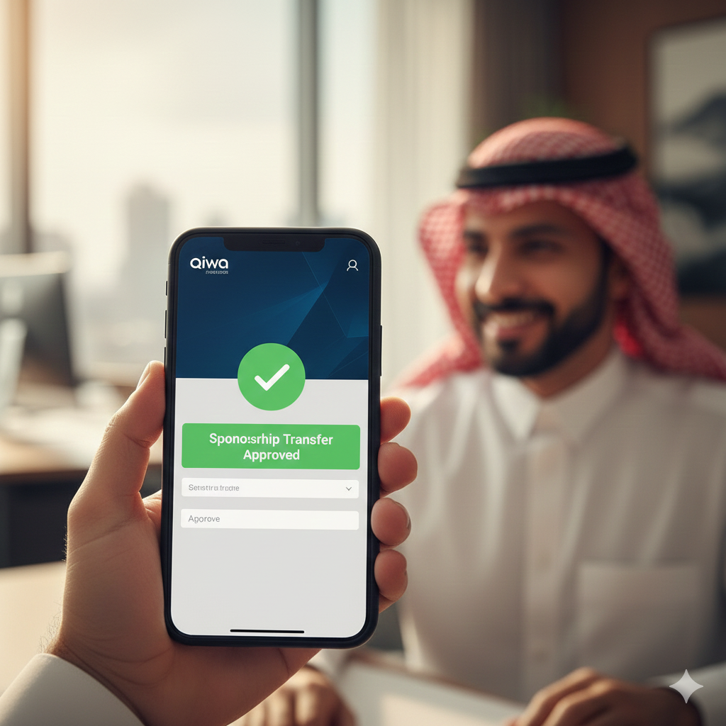 Qiwa app showing sponsorship transfer approved confirmation.
