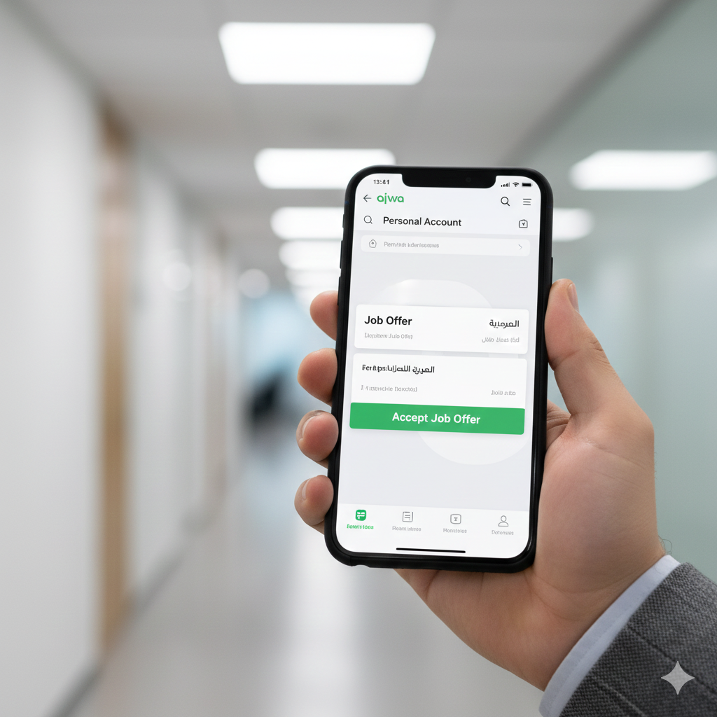 Expat worker accepting a job offer in the Qiwa app for sponsor transfer.