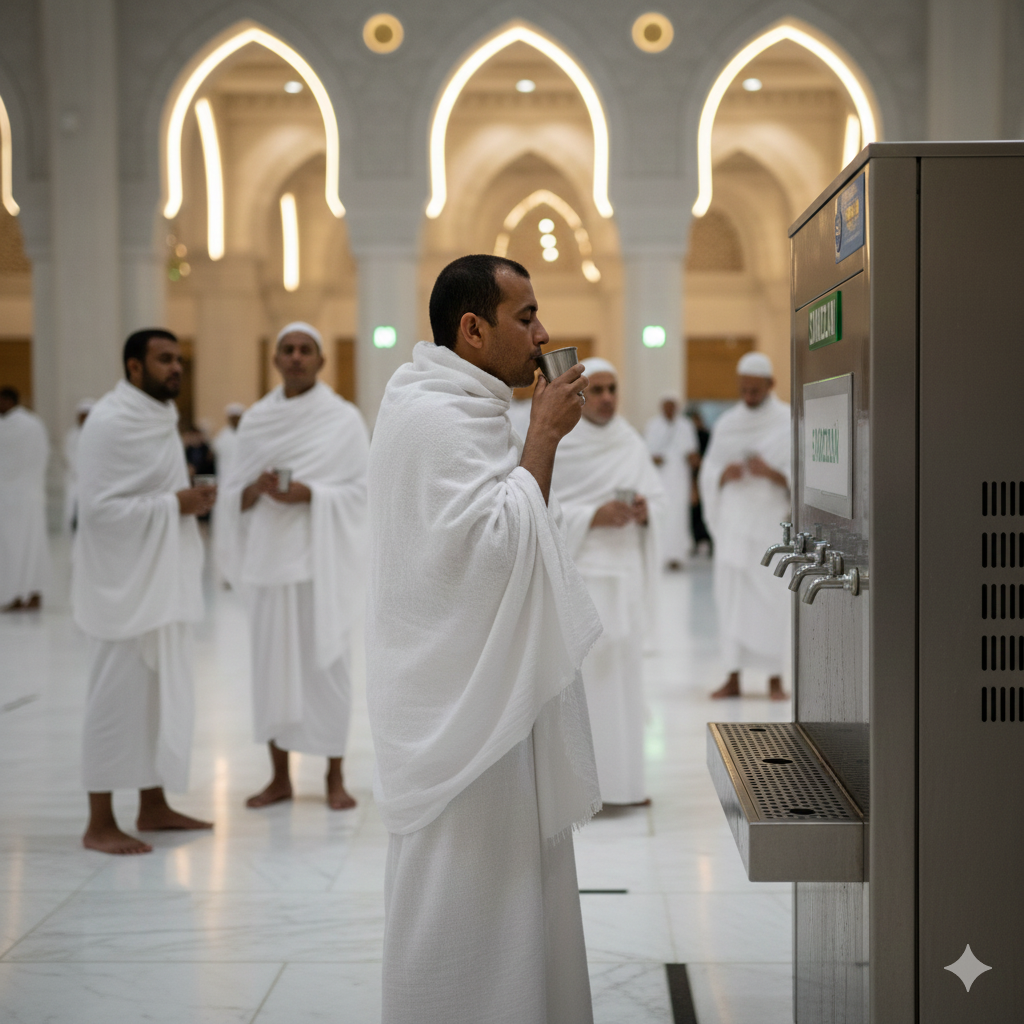 Pilgrim drinking Zamzam water inside Masjid al-Haram.