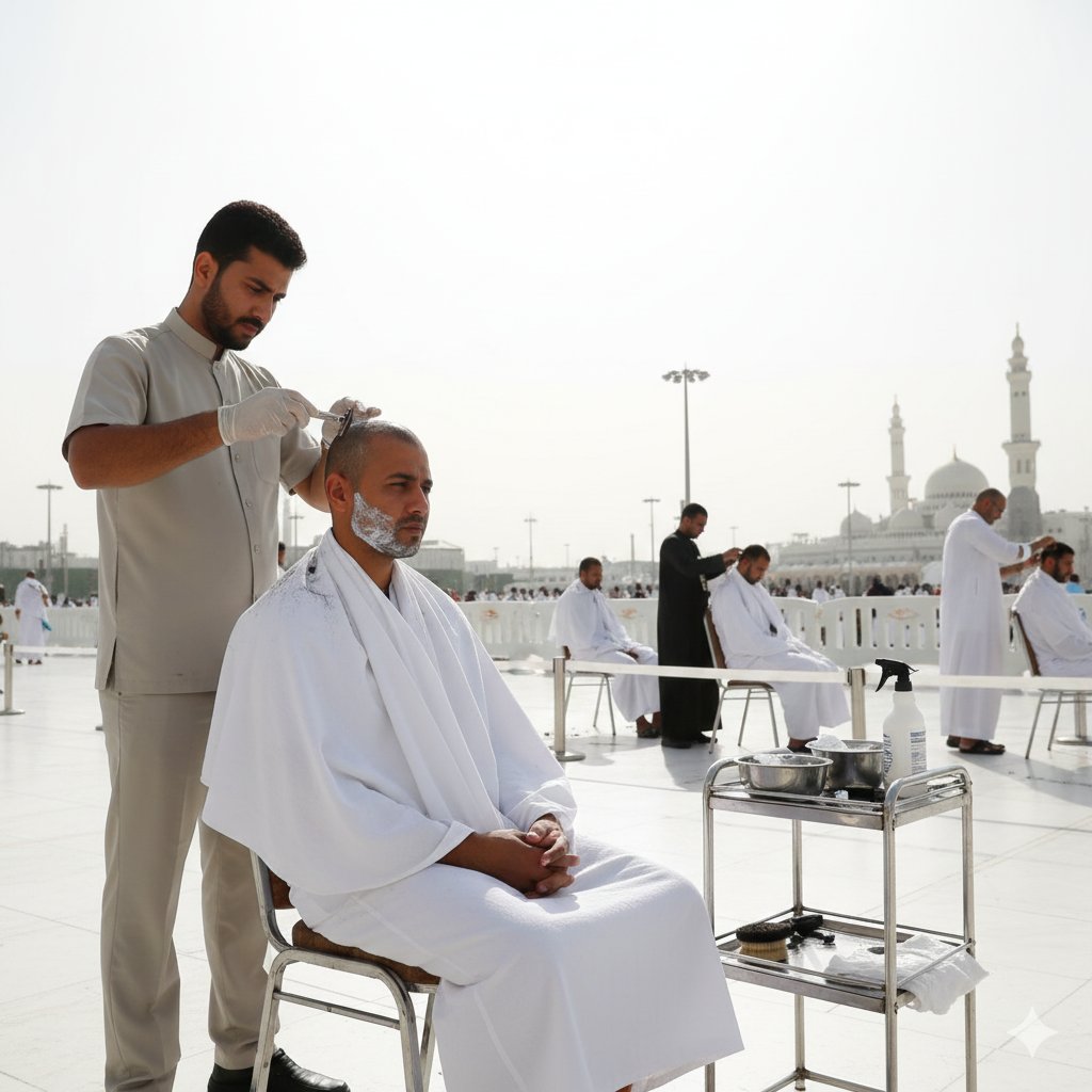 A pilgrim getting his head shaved after completing Umrah.