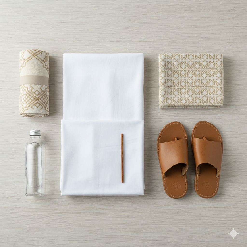 Ihram clothes and essential Umrah items prepared for first time travel.