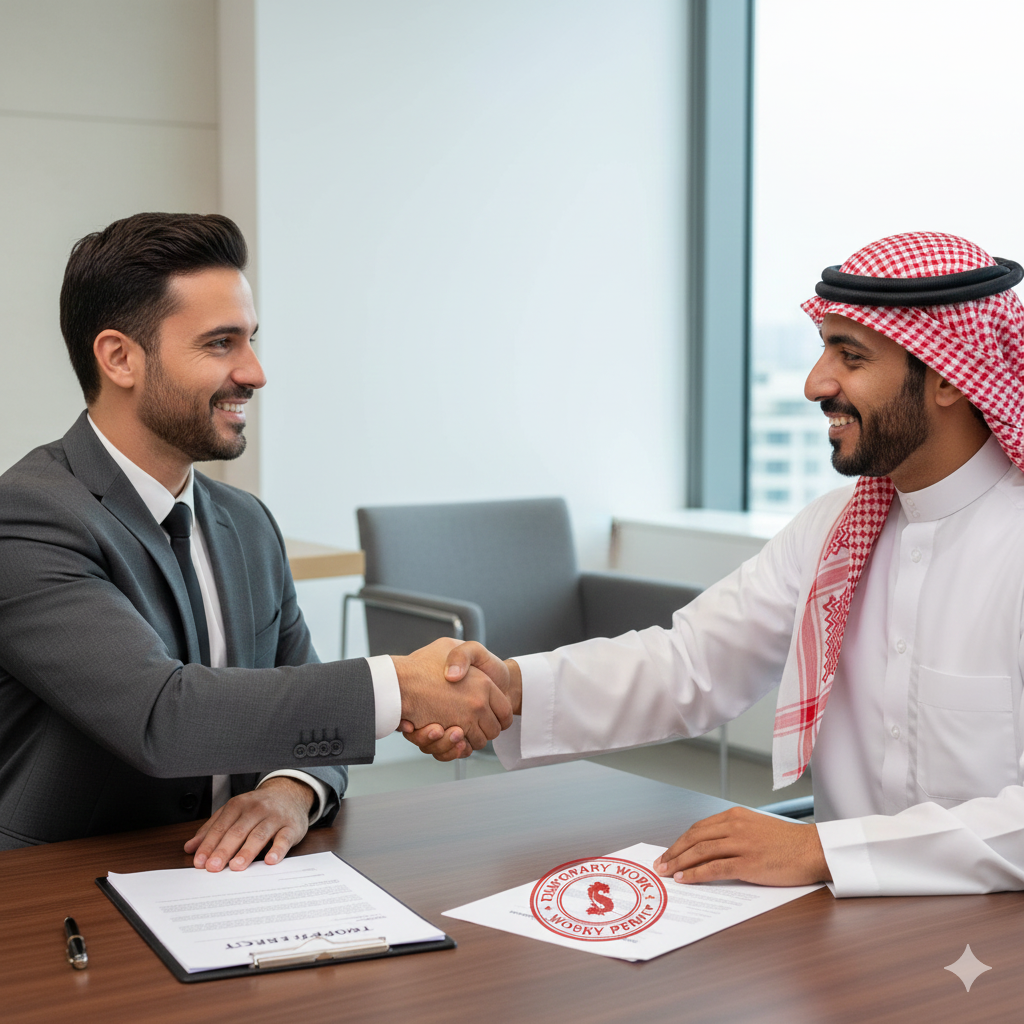 What is Temporary Visa in Saudi Arabia — Complete 2025 Guide 5 Consultant receiving temporary work permit in Saudi office.