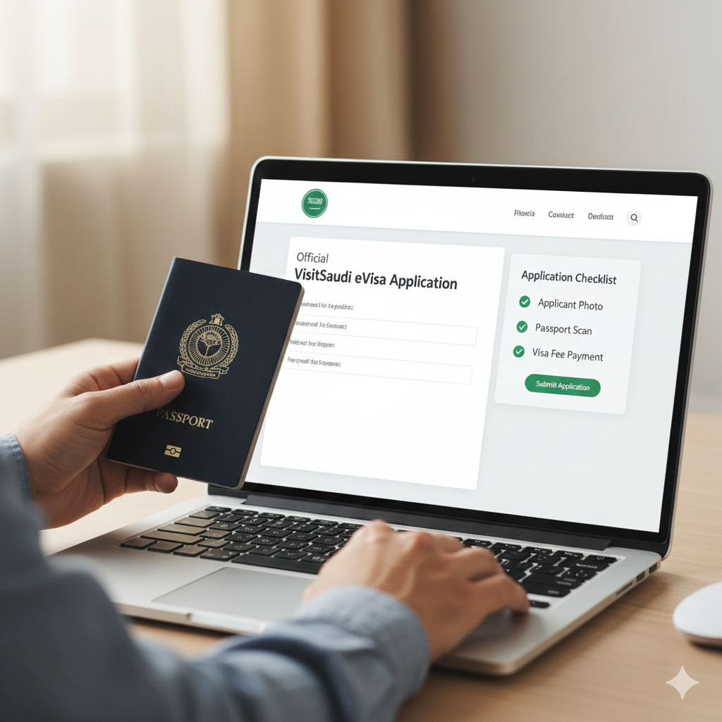 What is Temporary Visa in Saudi Arabia — Complete 2025 Guide 2 Applying for Saudi eVisa or temporary visit visa on laptop with passport and checklist.